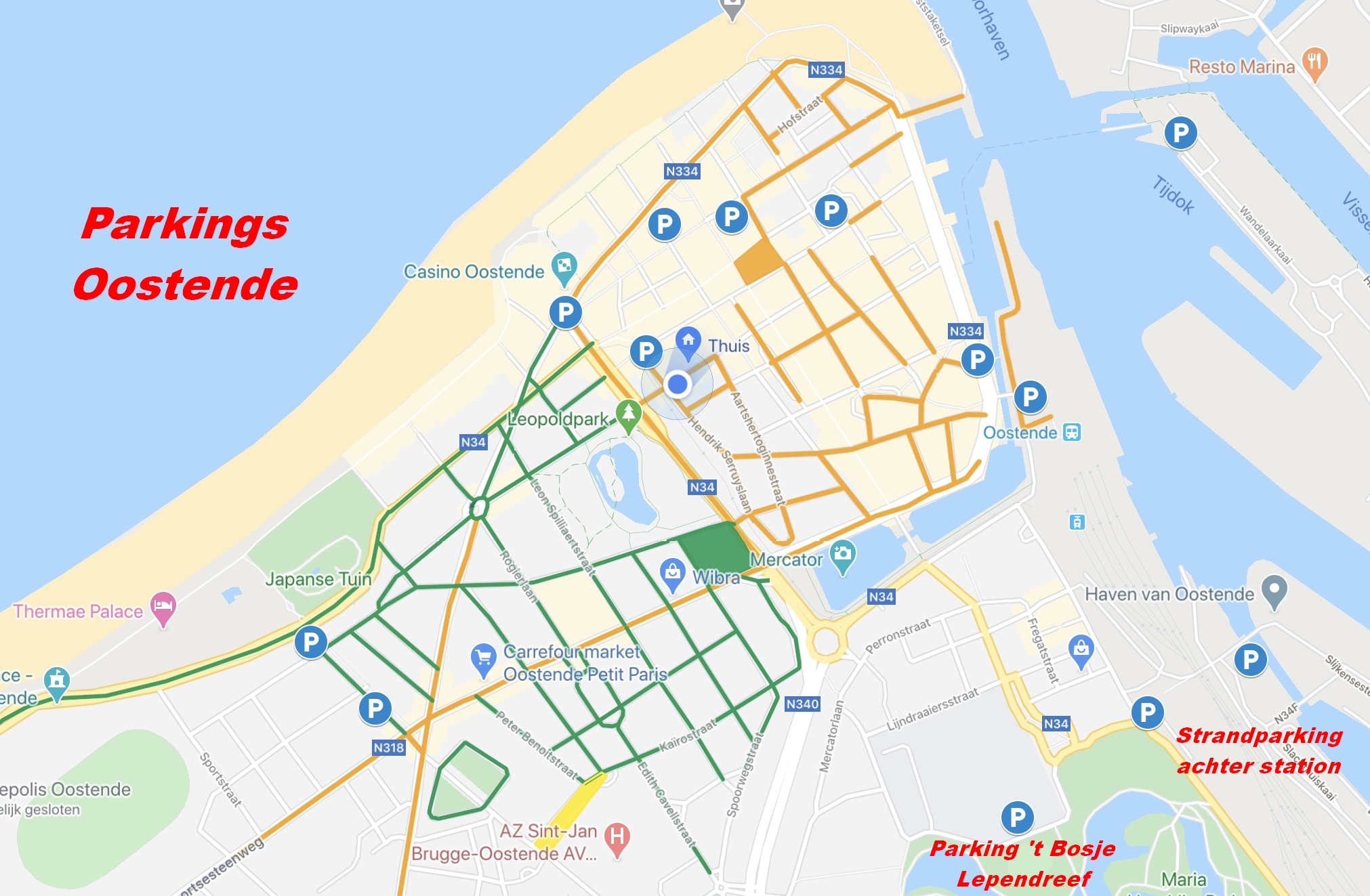 Parkings Oostende centrum met zone-aanduiding